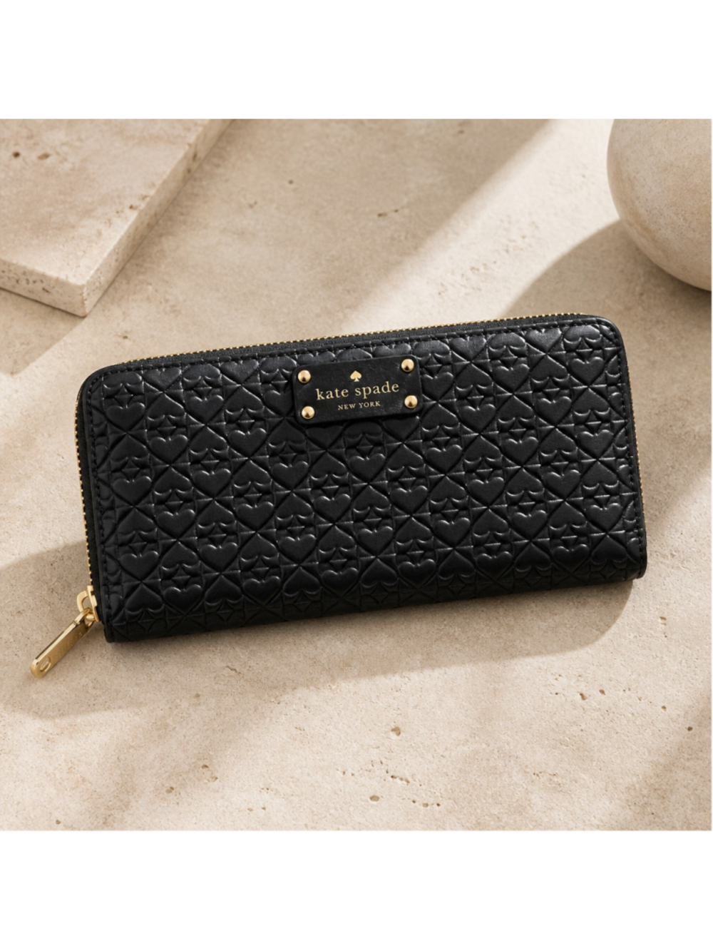 Kate Spade Black Gold Embossed Heart Zip Around Wallet One Size
